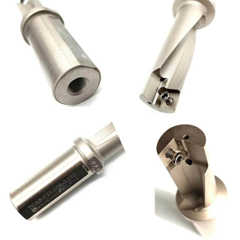 Front, side and close-up views of a metal CNC U-drill tool for drilling, turning and boring; 8-20 mm range, 2.25D-3.25D.