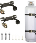 Propane Tank Holder And Wall Mounted Bracket Set With Heavy Duty Steel Cylinder Holder Includes 6.6 Ft Ratchet Straps for secure installation
