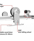 14 Foot Stainless Steel Sliding Barn Door Hardware Track Kit Top Mount T Hanger Set For A Single Door Easy To Install No Fuss Heavy Duty Roller System Fits Wood Doors 1.37 To 1.57 Inches Thick Supports Up To 220 Pounds showing roller hanger and door stops
