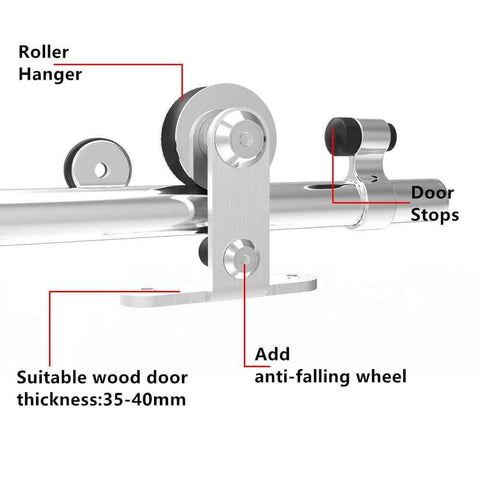 14 Foot Stainless Steel Sliding Barn Door Hardware Track Kit Top Mount T Hanger Set For A Single Door Easy To Install No Fuss Heavy Duty Roller System Fits Wood Doors 1.37 To 1.57 Inches Thick Supports Up To 220 Pounds showing roller hanger and door stops