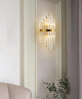 Modern Clear Crystal Wall Sconce With Slick Diamond Etching And Bright Up Down Lighting For Bedroom Foyer Or Dining Nook Top Shelf Gold Hardware Fast Mount Good Vibes Smooth Room Refresh, 21 inches on a wall with gold finish.