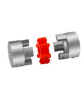 Heavy Duty Plum Clamp Jaw Shaft Coupling For Reliable Power Transmission With Aluminum Alloy Body and red connecting element.
