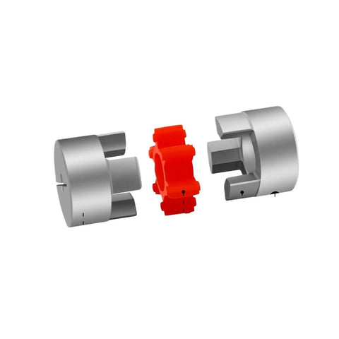 Heavy Duty Plum Clamp Jaw Shaft Coupling For Reliable Power Transmission With Aluminum Alloy Body and red connecting element.