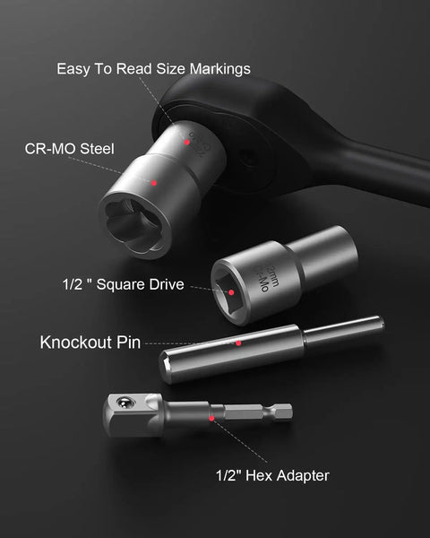 Pro Grade Bolt Extractor Kit 16-Piece Lug Nut Removal Tool Set, showing ratchet with CR-MO steel sockets and adapters.