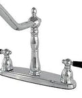 Duchess Eight Inch Centerset Kitchen Faucet With Brass Sprayer Chrome Finish Slick Spout Reach For Four Hole Mount One Point Eight GPM Flow At Sixty PSI showing detailed design and handles.