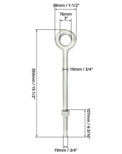 Dimensions of Heavy Duty Galvanized Eye Bolts With Nuts 3/4 Inch By 12 Inch Forged Steel 2 Pack For Rigging And Lifting