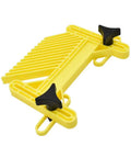 Rock Solid Miter Slot Featherboard Keeps Stock Pin Tight Against Tables Using Expanding Nuts And Locking Knobs For Dead Nut Alignment bright yellow plastic design with black adjusting knobs.