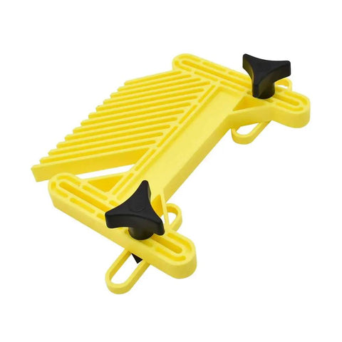 Rock Solid Miter Slot Featherboard Keeps Stock Pin Tight Against Tables Using Expanding Nuts And Locking Knobs For Dead Nut Alignment bright yellow plastic design with black adjusting knobs.