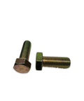One Inch Hex Bolt With Yellow Zinc Plated Grade 8 Cap Screw Coarse Thread Pkg Qty One Durable Hardware Kit, two bolts on white background