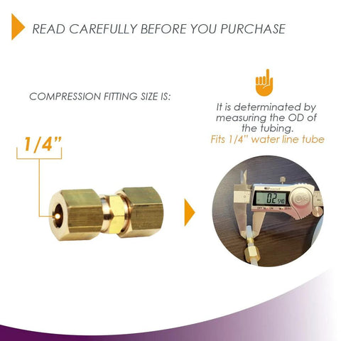 Ice maker water line brass compression fittings, 1/4" OD x 1/4" OD, pair, front view