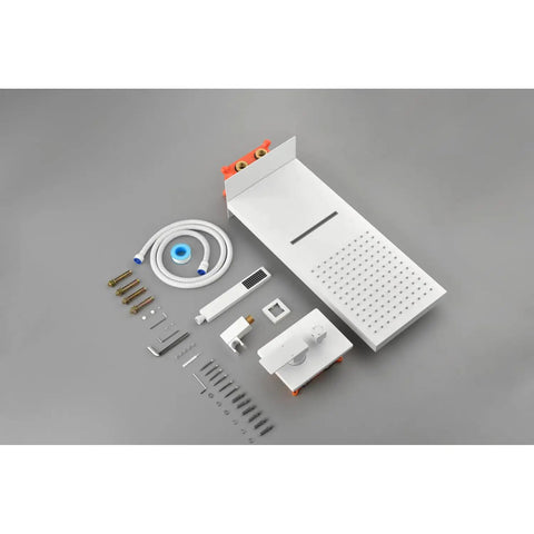Shower System with Waterfall Rainfall and Handheld parts, including wall-mounted components, hoses, and fixtures in white.