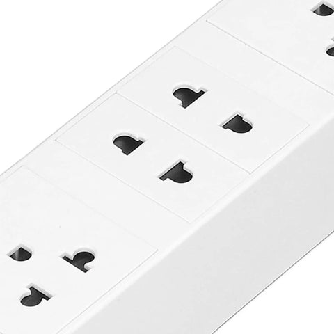 Close-up of a white power strip showing four outlets, part of the Dope No Sweat Wifi Ble Power Strip with Four Smart Outlets Plus Usb C.