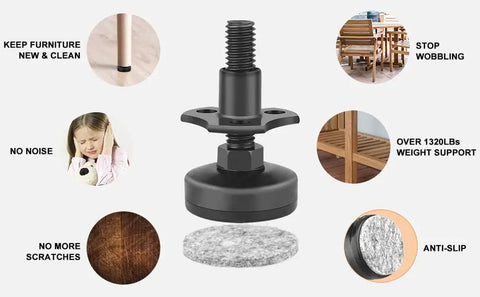Adjustable Furniture Leveling Feet Heavy Duty Levelers For Cabinets Tables Chairs Sofas And Couches Large Base 4 Pack Supports Up To 1320 Lbs With T Nut Kit 3 8 16 Thread Black Easy Install benefits illustration