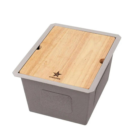 Undermount Stainless Steel Kitchen Sink With Grid And Cutting Board 15 X 19 X 10 Single Bowl 304 Grade Includes Strainer And Accessories Durable Brushed Finish For Easy Care, shown with wooden cutting board