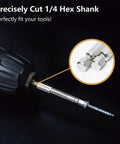 Twenty Piece Hex Head Allen Drill Bit Set With Ten SAE And Ten Metric Bits, Two Point Three Inches Long, One Quarter Inch Quick Release Shank shown in use with a power drill.