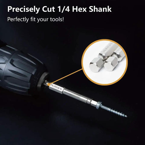 Twenty Piece Hex Head Allen Drill Bit Set With Ten SAE And Ten Metric Bits, Two Point Three Inches Long, One Quarter Inch Quick Release Shank shown in use with a power drill.