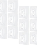 Heavy Duty Adhesive Wall Hooks 30 Pack Straight Up No Drill Setup For Bathroom Kitchen Storage Waterproof Plastic arranged in rows.