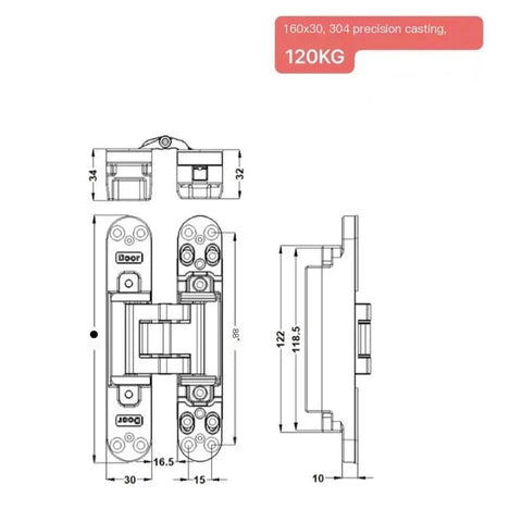Heavy Duty 3D Adjustable Concealed Door Hinges Delivering A Smooth Ride For Invisible Cabinet Setup Crafted From Solid 304 Stainless Steel with dimensions and design details.