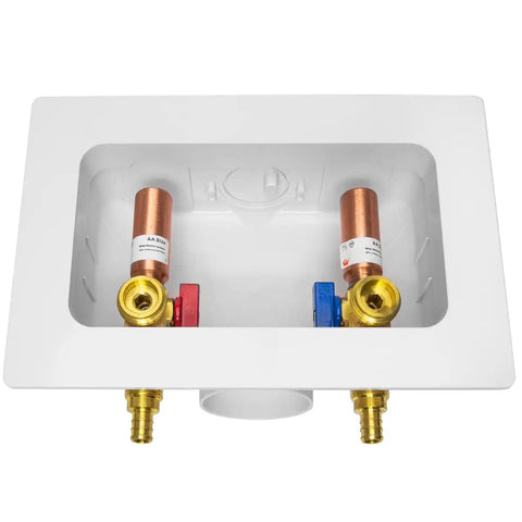 Heavy Duty Washing Machine Outlet Box With Center Drain Copper Water Hammer Arrestor One Half Inch Crimp Pex Inlet Three Quarter Inch
