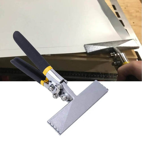 6 Inch Hand Seamer with straight jaw in use, bending sheet metal, one quarter inch bend increment, with double dip grip