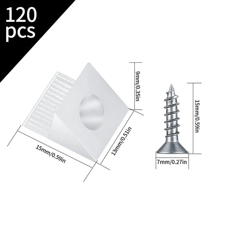 120 Pcs Drawer Bottom Support Brackets With Screws Plastic Drawer Wedges And Corner Brackets Repair Kit with dimensions shown