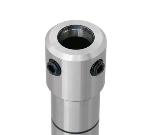 Close-up of Accusize magnetic drill annular cutter arbor, MT4 to 3/4 in Weldon shank, silver metal with screw ports.