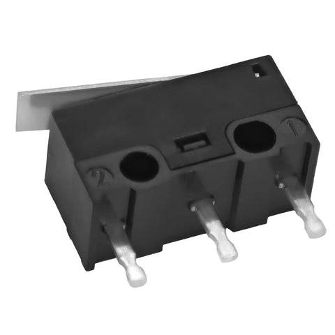 Two Pack 3 Pin Basic SPDT Limit Switch with hinge lever actuator, subminiature form, 3A 125V, PCB mount, IP54, front angle view