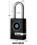 Outdoor Bluetooth Padlock For Personal Use With Smartphone Unlock No Key Needed Weatherproof Lock For Gates Sheds Garages Outdoor Storage Lockers And Tool Chests 2 7/32 Inch Wide Model 4401DLH with measurements
