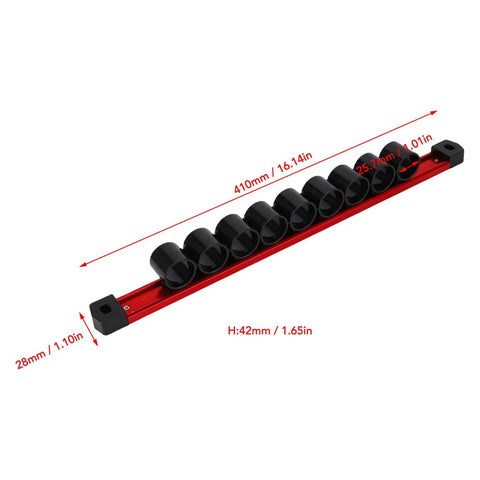 Nine Slot Rail Hand Tool Holder For Garage Workshop Organization Heavy Duty Aluminum And Plastic Rack, 16.14in long, holds wrenches and screwdrivers.