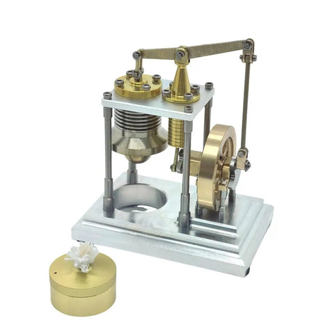 Gamma Type Vertical Stirling Engine Model With Dope High Precision Metal Build And True Heat Driven Motion For Education And STEM Enthusiasts A Creative Gift For Engineers And Collectors, brass and aluminum desk model with burner