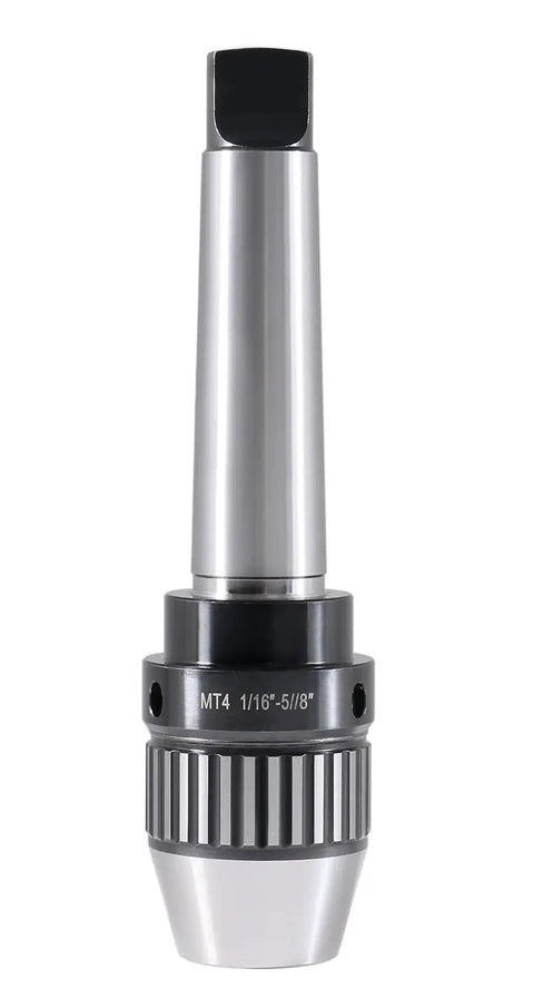 Front view of Keyless Drill Chuck MT4 With Integrated Shank And Titanium Jaws For CNC Lathe And Drill Press One Sixteenth To Five Eighths Inch Capacity Built Tough Heavy Duty Construction Precision TIR Under 0.003 Inches Hardened To HRC 60 Jaws Not For Hand Drills.