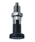 Lock Tight Self Locking Knob Plunger With Fine Thread Adjustment For Precision Positioning Rock Solid Steel Indexing Pin Bolt No Play Industrial Hardware M16 close-up showing stainless steel and black handle.