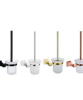 Heavy Duty No Fuss Wall Mounted Toilet Brush Holder With Smooth Chrome Plating And Sleek Black Glass Tumbler in four finishes.