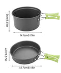 8 Piece Portable Camping Cookware Set, lightweight aluminum pot and pan with foldable green handles, dimensions shown