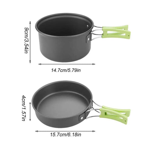 8 Piece Portable Camping Cookware Set, lightweight aluminum pot and pan with foldable green handles, dimensions shown