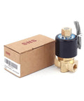 12V DC Brass Electric Solenoid Valve Normally Open 1/4 Inch NPT with box shown for water, air, diesel irrigation projects.