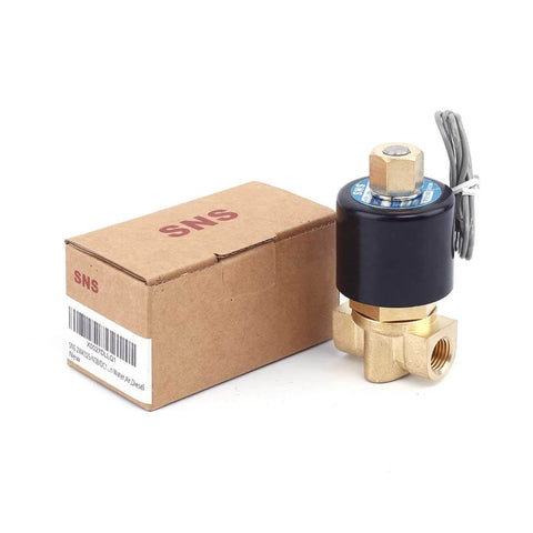 12V DC Brass Electric Solenoid Valve Normally Open 1/4 Inch NPT with box shown for water, air, diesel irrigation projects.