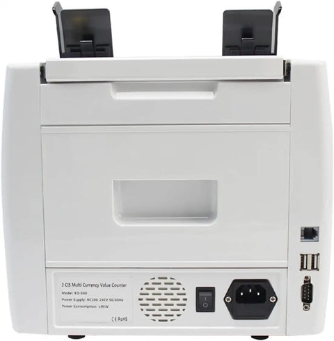 Back view of Super Fast Automatic Money Counter With Touchscreen Panel, detailing ports and specifications.