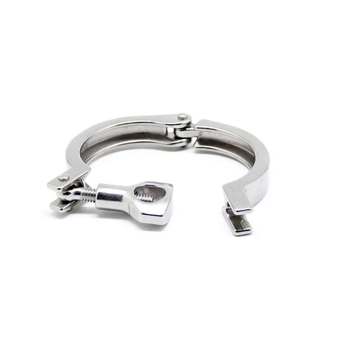 Front view of a 2-inch stainless steel 304 sanitary clamp with bolt and silicone gasket