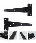 Close-up of Six Inch T Shape Beefy Rustproof Iron Light Duty Shed Hinge Set with detailed views of black gate strap hinges