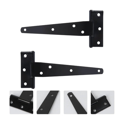 Close-up of Six Inch T Shape Beefy Rustproof Iron Light Duty Shed Hinge Set with detailed views of black gate strap hinges