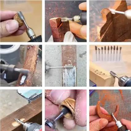 Images showing use of Straight Shooter 10 Piece Solid Tungsten Carbide Rotary Burrs Featuring 1/8 Inch Shank And Single Cut Flutes for various tasks.