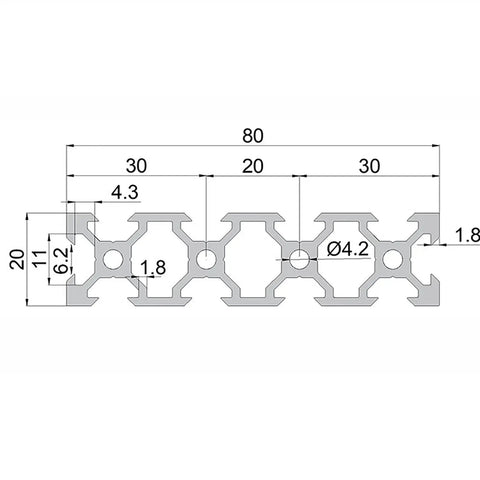 2080 Aluminum Extrusion V Slot 1000mm Black 1 Pack 20x80 Profile 20 Series European Standard Anodized Linear Rail For DIY CNC 3D Printer Maker Build Sturdy Frame Easy Mounting Smooth Linear Motion cross-section diagram