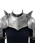 Iron Armor Gorget Set With Pauldrons And Spaulders For Medieval Cosplay, steel finish shoulder and neck armor shown on mannequin.