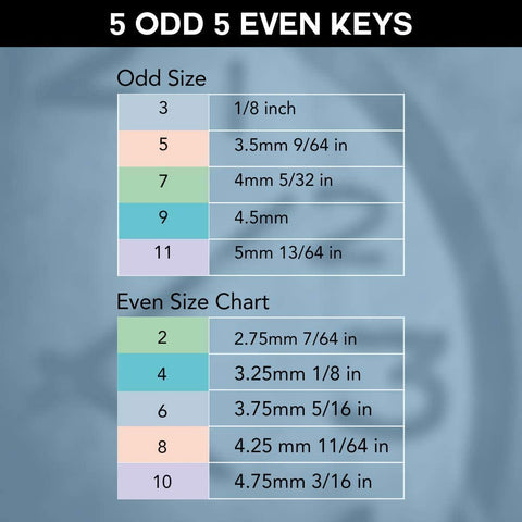 Size chart for Two Piece 5 In 1 Brass Clock Winding Key Set With Odd And Even Numbers.