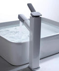 Tall Pull-Down Vessel Sink Faucet With Pull-Out Sprayer, Single Hole Lavatory Mixer Tap, Chrome And White Finish over sink.