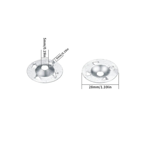 Built Like A Tank Galvanized Steel Foam Board Fastener Washers With Center Groove For Quick Insulation Mounting And Drywall Securing A Twenty Two Count Of Real Deal Yard Hardware shown from top and side views with dimensions.