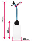 Universal RC Nitro Fuel Filler Bottle 250CC For HSP HPI Tamiya Traxxas Nitro RC Cars And Trucks White Plastic Oil Refill Bottle With 8MM Tube Durable And Easy Fill A Real Must Have, showing dimensions of 300mm height and 8mm tube