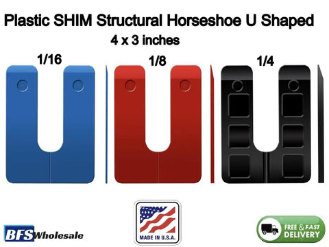 Heavy Duty Plastic U Shape Horseshoe Leveling Shims For Windows And Doors, 4x3 inches, 1/16, 1/8, and 1/4 inch thickness, USA built.