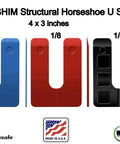 Three U-shaped plastic leveling shims in blue, red, and black, measuring 4 x 3 inches for window and door adjustments.